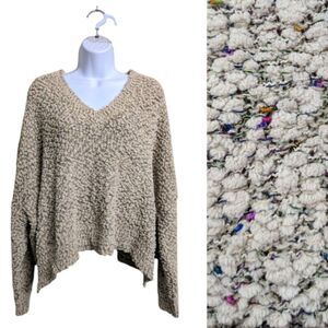 POL Women Tan Nubby Popcorn Textured V-Neck Sweater Oversized Speckled Cozy L
